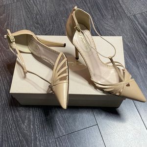 “Carrie” Nude Leather Elegant T-strap Stiletto